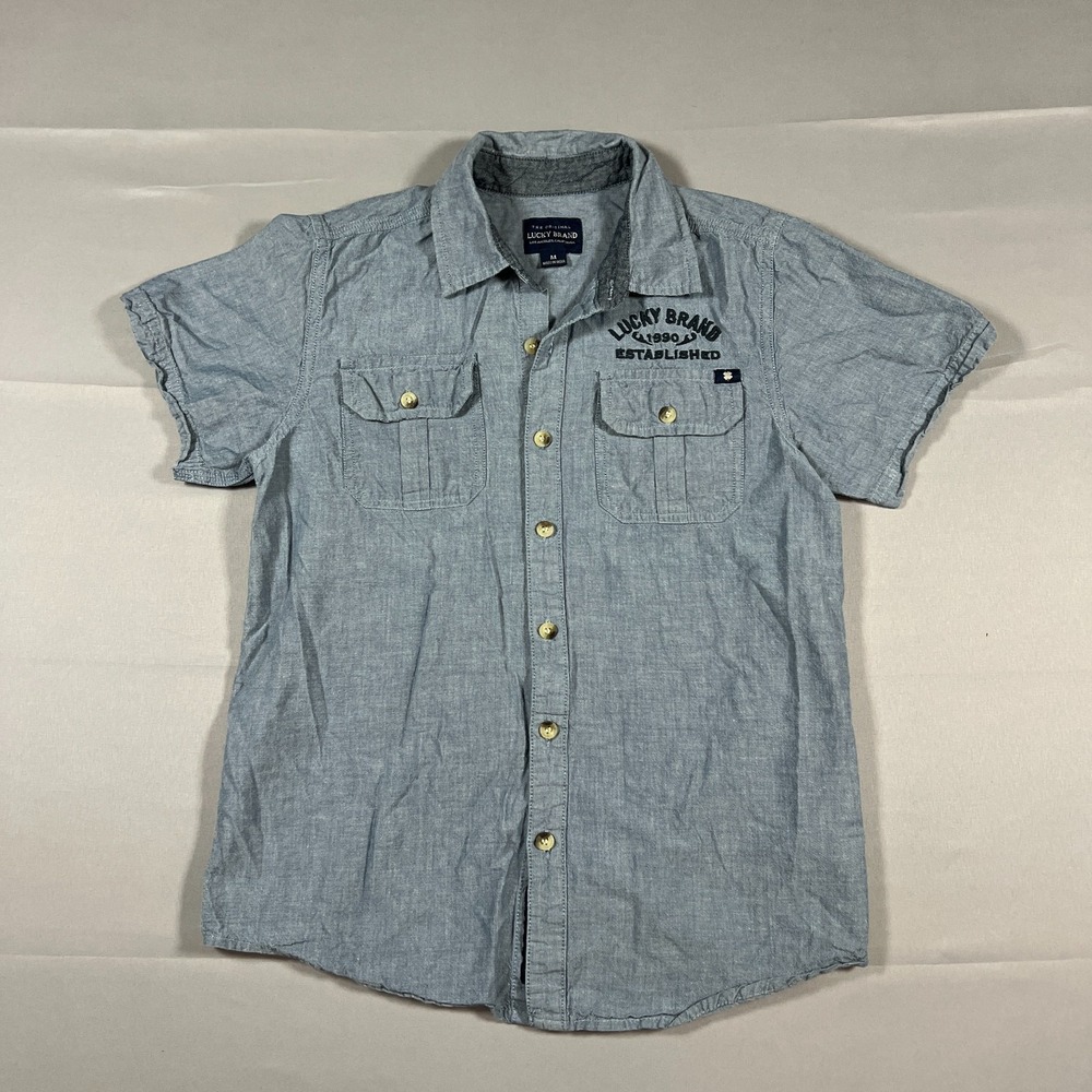 Lucky Brand Original Shirt Kids M Slate Gray Cotton Embroidered Logo Button-Up
